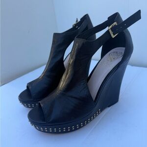 Vince Camuto Black Peep-Toe Studded Wedge Sandals